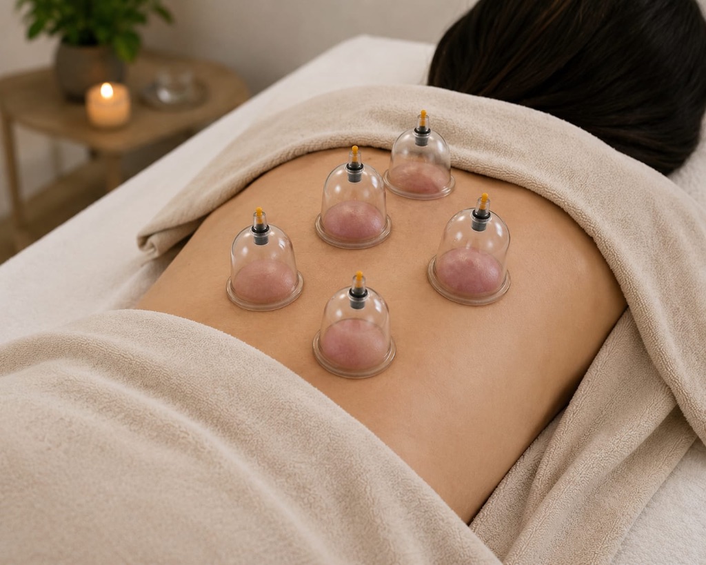Cupping therapy — dry cups applied at Vireya Wellness, Marylebone