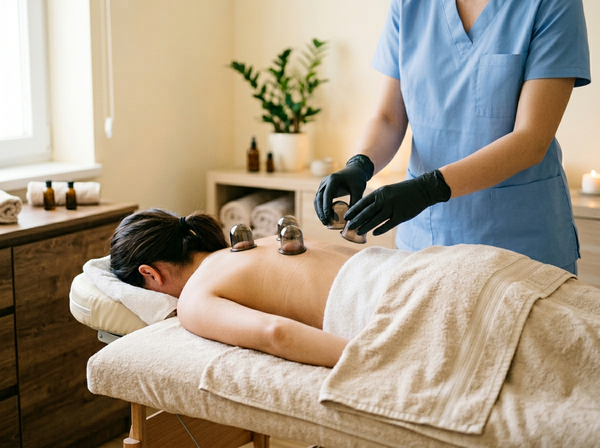 Hijama wet cupping — sterile cups placed at Vireya Wellness, Marylebone